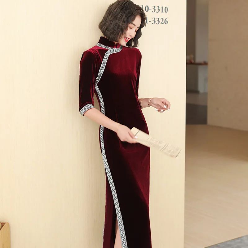 Весенне-осенний Элегантный Чонсам с рукавом Seven Points, сексуальная кружевная отделка, воротник-стойка, Велюровое китайское женское вечернее платье Qipao - 1