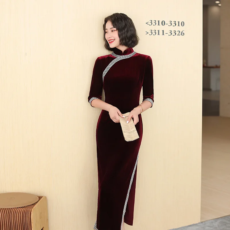 Весенне-осенний Элегантный Чонсам с рукавом Seven Points, сексуальная кружевная отделка, воротник-стойка, Велюровое китайское женское вечернее платье Qipao - 4