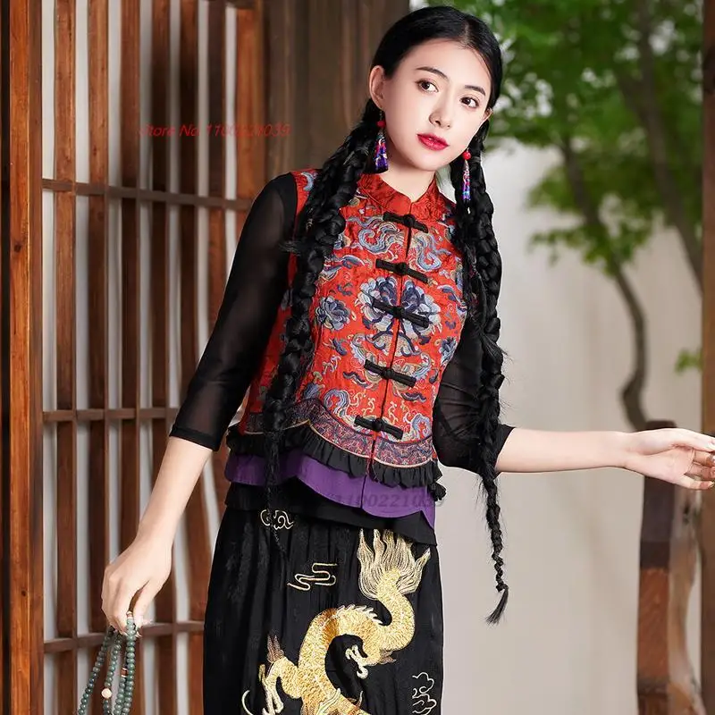 2024 женский китайский винтажный жилет с цветочной вышивкой Тан костюм жилет традиционные топы чонсам ретро национальный ветрозащитный жилет жилет - 0