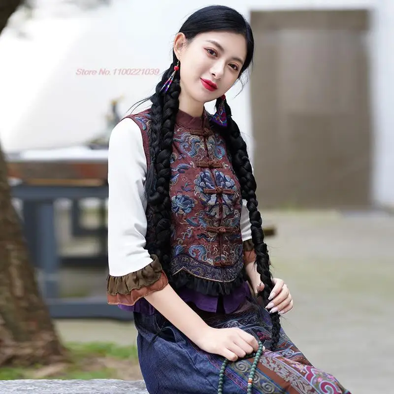 2024 женский китайский винтажный жилет с цветочной вышивкой Тан костюм жилет традиционные топы чонсам ретро национальный ветрозащитный жилет жилет - 1