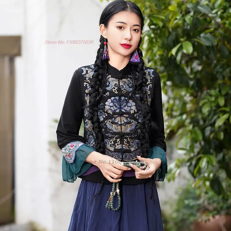 2024 женский китайский винтажный жилет с цветочной вышивкой Тан костюм жилет традиционные топы чонсам ретро национальный ветрозащитный жилет жилет - 2