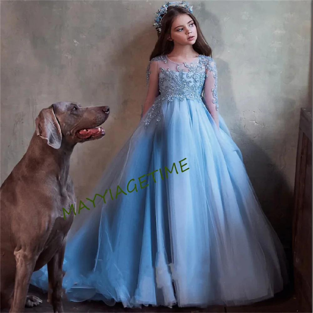 Синее платье в цветочек для девочек, длинное платье принцессы на свадьбу, День рождения, Детское Причастие, крещение, платья для вечеринок и мероприятий Summertim - 1