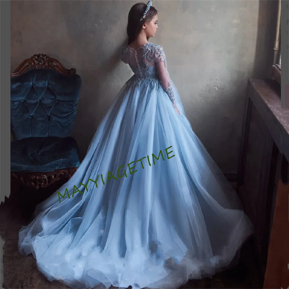 Синее платье в цветочек для девочек, длинное платье принцессы на свадьбу, День рождения, Детское Причастие, крещение, платья для вечеринок и мероприятий Summertim - 5