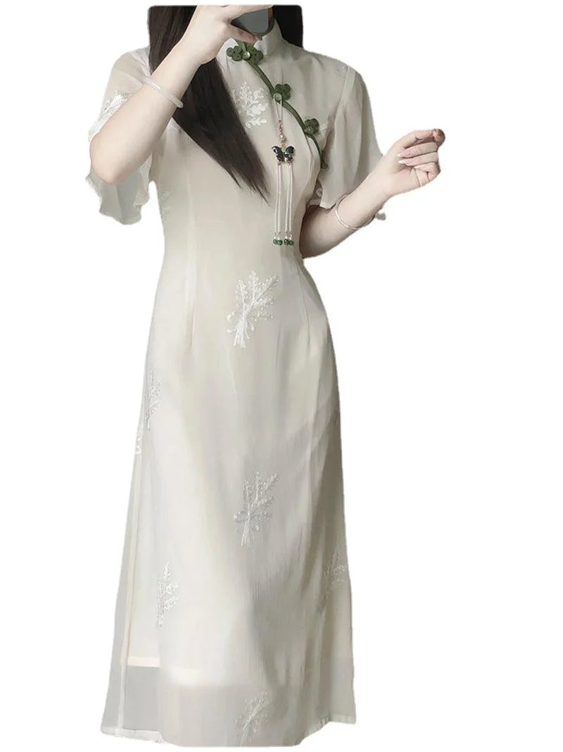 2023 Женское Улучшенное летнее платье бежевого цвета с вышивкой, Винтажные женские традиционные платья Чонсам, Элегантное модное Ципао - 1