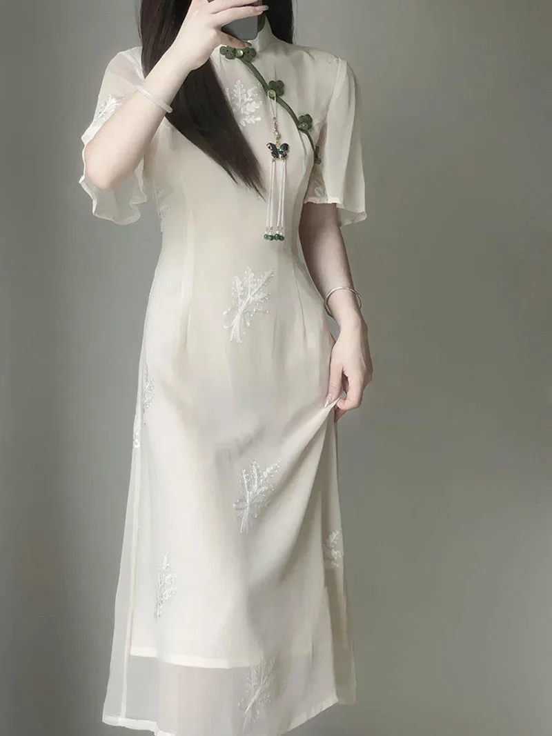 2023 Женское Улучшенное летнее платье бежевого цвета с вышивкой, Винтажные женские традиционные платья Чонсам, Элегантное модное Ципао - 5