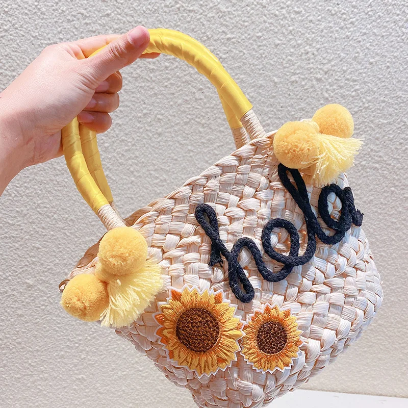 Милая летняя женская сумочка ручной работы, сплетенная из пшеничной соломы, сумки для переноски с ручками, для отдыха на море, пляжная сумка - 4