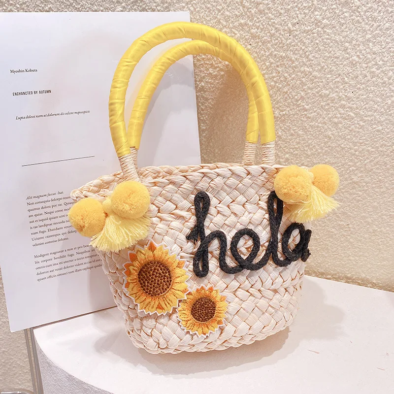 Милая летняя женская сумочка ручной работы, сплетенная из пшеничной соломы, сумки для переноски с ручками, для отдыха на море, пляжная сумка - 5