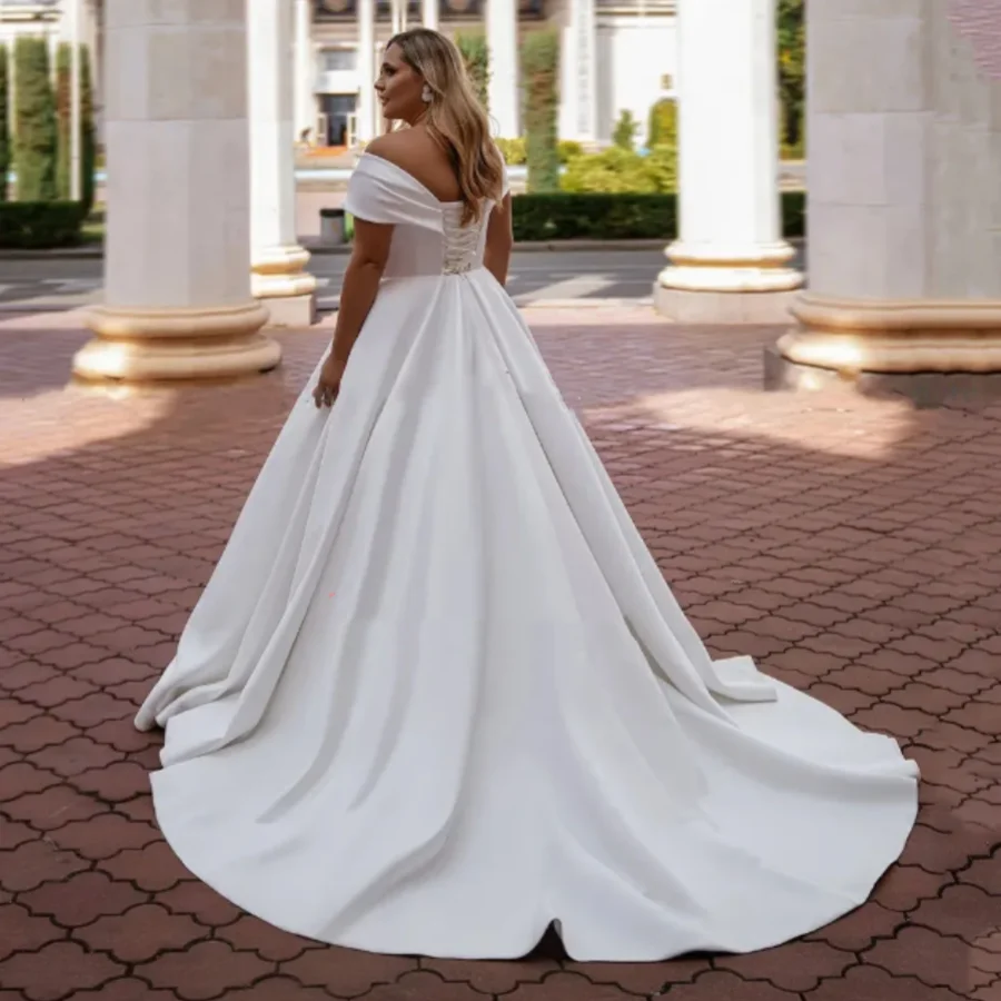 Платья невесты с V-образным вырезом, Открытыми плечами, Короткими рукавами Плюс Размер, Классическое Простое Атласное Свадебное Платье В пол Vestidos De Novia - 2