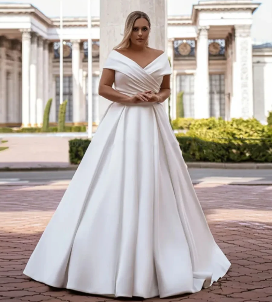Платья невесты с V-образным вырезом, Открытыми плечами, Короткими рукавами Плюс Размер, Классическое Простое Атласное Свадебное Платье В пол Vestidos De Novia - 3