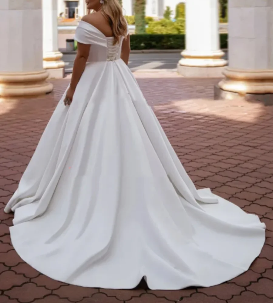 Платья невесты с V-образным вырезом, Открытыми плечами, Короткими рукавами Плюс Размер, Классическое Простое Атласное Свадебное Платье В пол Vestidos De Novia - 4