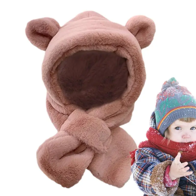 Детская шапка-шарф для мальчиков и девочек, милые осенне-зимние мультяшные плюшевые теплые шапки с милыми ушками, детская ветрозащитная шапочка - 0