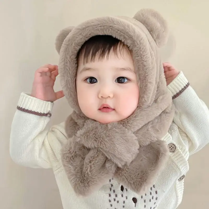 Детская шапка-шарф для мальчиков и девочек, милые осенне-зимние мультяшные плюшевые теплые шапки с милыми ушками, детская ветрозащитная шапочка - 1