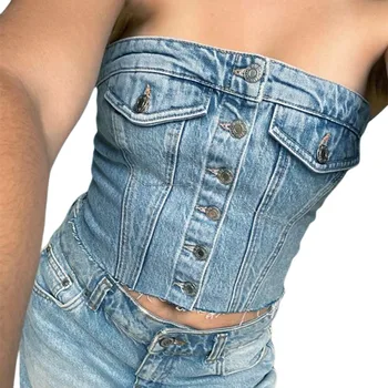 Женский джинсовый жилет с открытыми плечами, уличная повседневная одежда для вечеринок, пуговицы на пуговицах, короткий нагрудный жилет с запахом