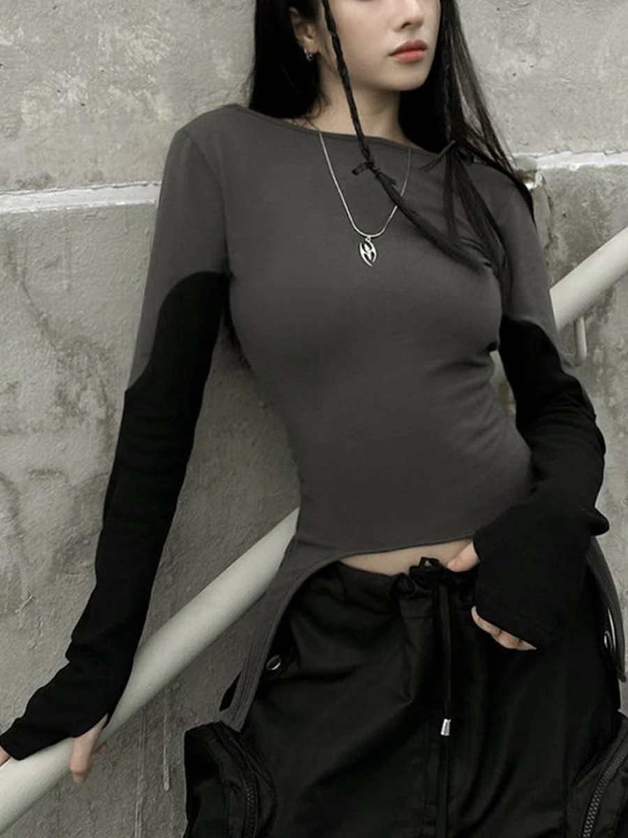 Женский укороченный топ с длинным рукавом Y2k, модная эстетичная рубашка с винтажным графическим принтом, Весна-осень, приталенные милые укороченные топы, уличная одежда - 0