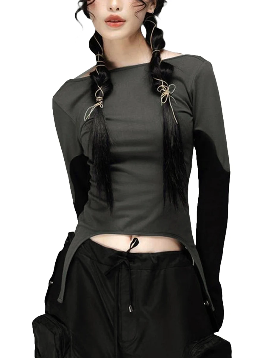Женский укороченный топ с длинным рукавом Y2k, модная эстетичная рубашка с винтажным графическим принтом, Весна-осень, приталенные милые укороченные топы, уличная одежда - 1