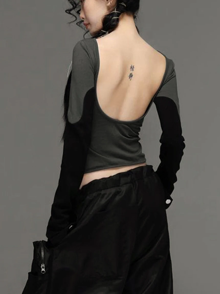 Женский укороченный топ с длинным рукавом Y2k, модная эстетичная рубашка с винтажным графическим принтом, Весна-осень, приталенные милые укороченные топы, уличная одежда - 2