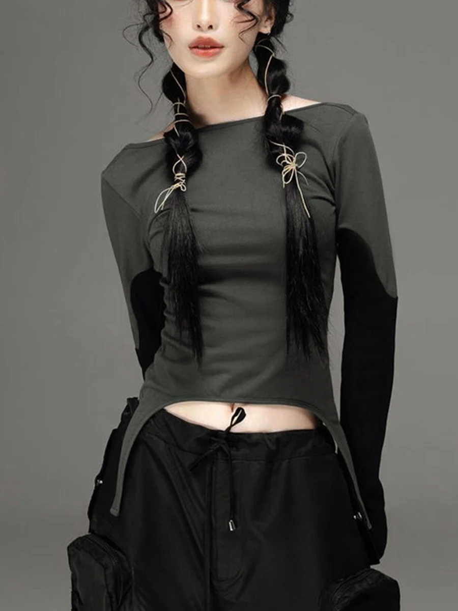 Женский укороченный топ с длинным рукавом Y2k, модная эстетичная рубашка с винтажным графическим принтом, Весна-осень, приталенные милые укороченные топы, уличная одежда - 3